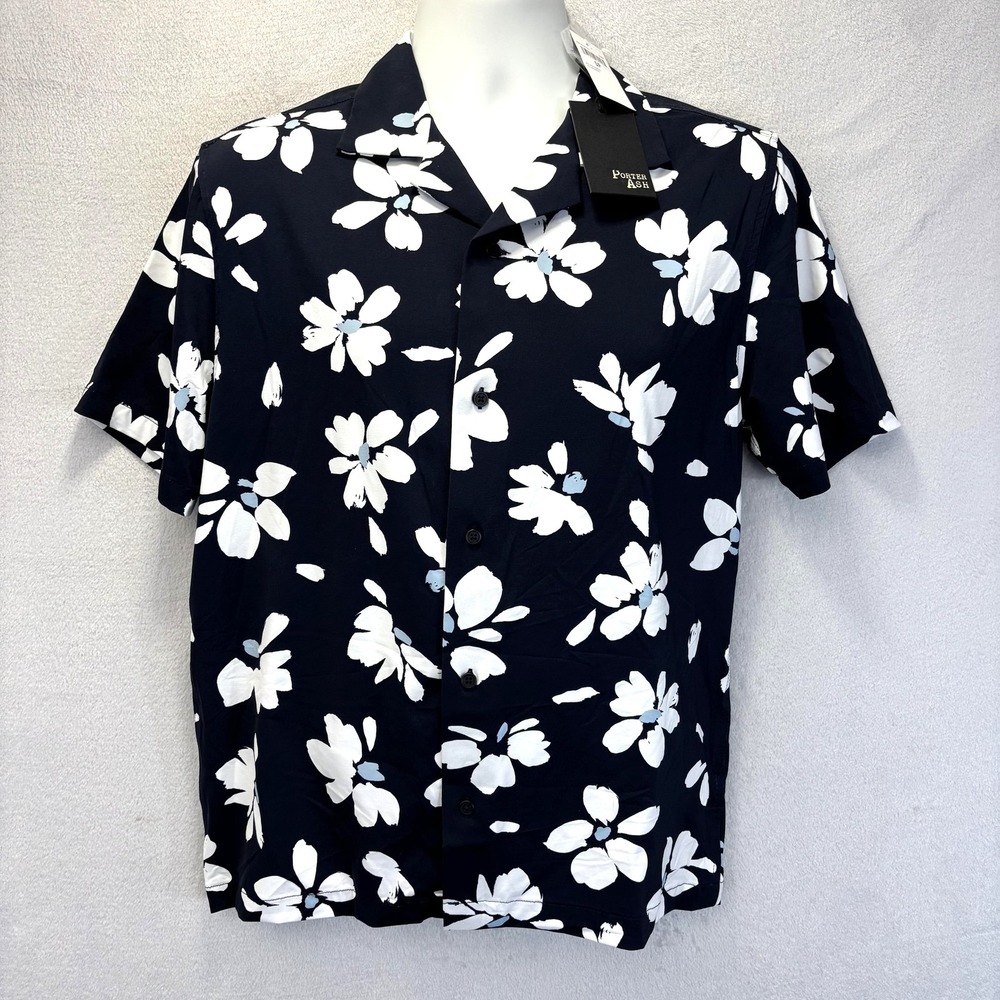 NWT Porter + Ash Stretch Button‎ Up Shirt Mens Small S Navy Blue Floral Hawaiian